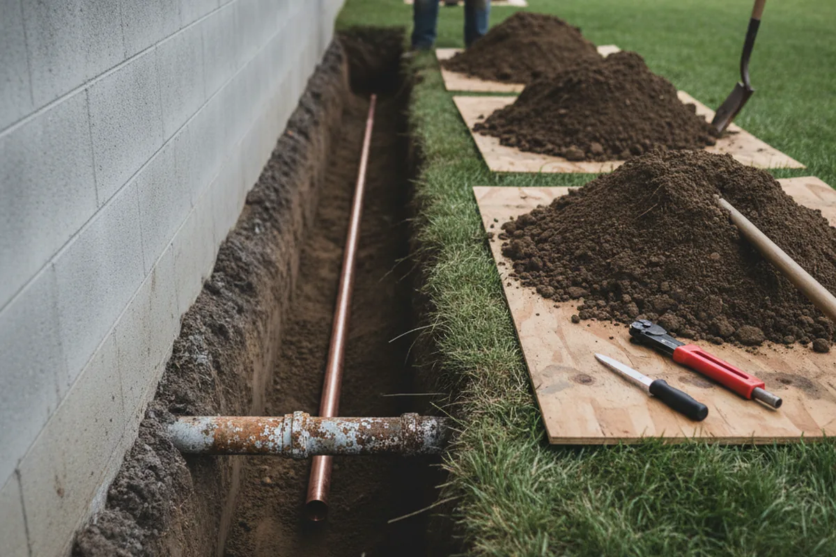 Excavated water line trench during Sewer Line Repair in Chappaqua